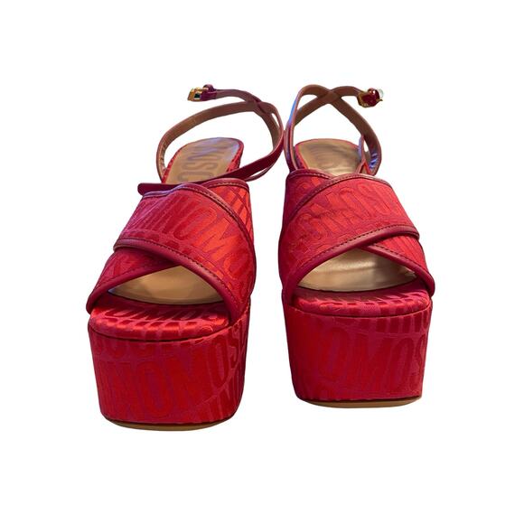 MOSCHINO Logo Jacquard Platform Sandals Canvas Party Statement Evening Sexy Sz 7 - Picture 7 of 13